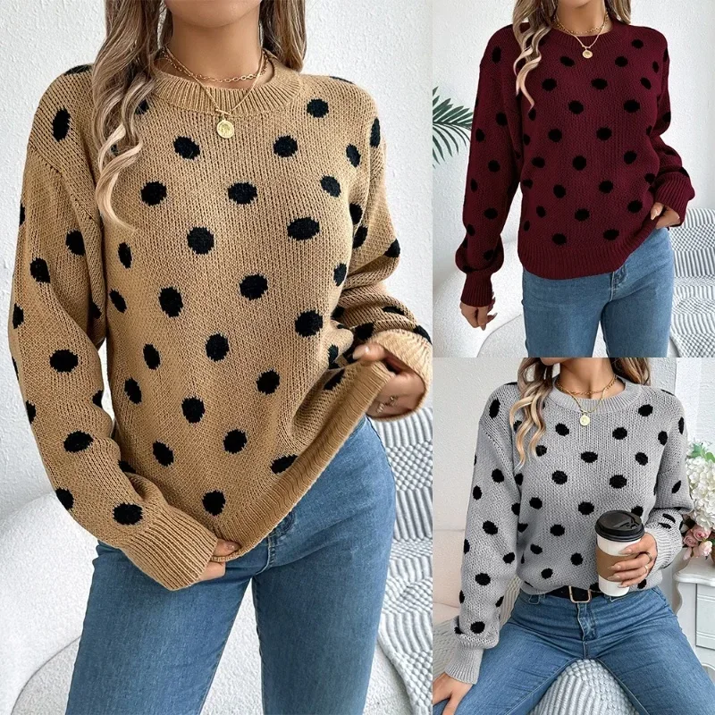 Autumn Winter Jacquard Knitwear Christmas Retro Polo Collar Contrast Color Pullover Women