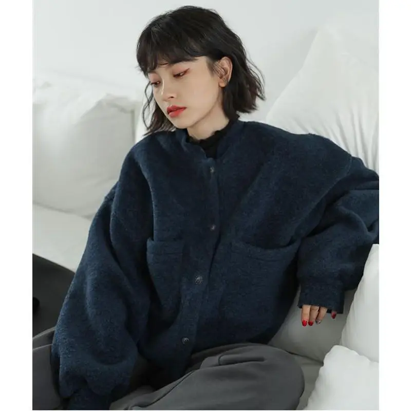 Autumn Winter New Loose Korean Short Coats Long Sleeve Button Solid All-match Pocket Cardigan Top Trend Casual Women Clothing