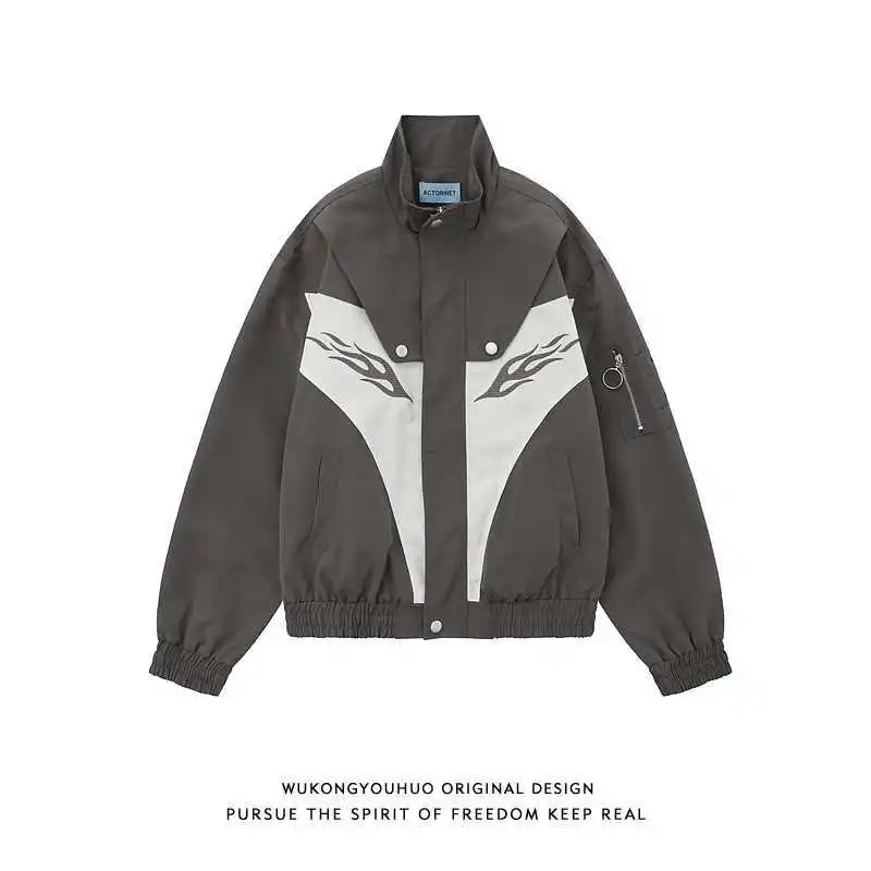 Jacket Personalized Stitching Stand Collar Jackets Men Women Loose Casual Coat Couples Zipper Buttons Long Sleeves Tops