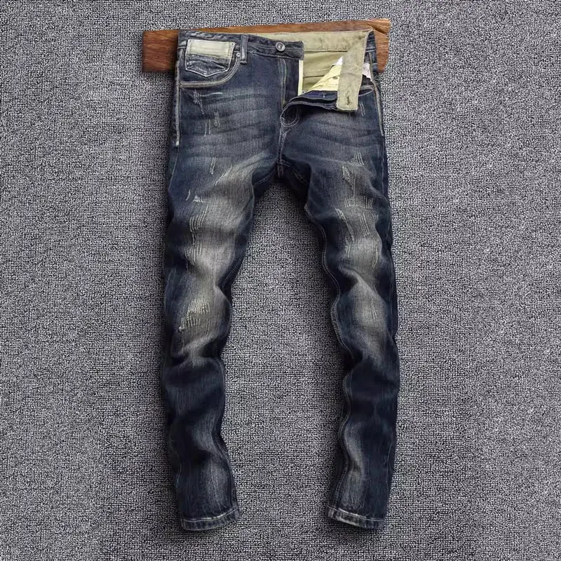 Vintage Fashion Men Jeans High Quality Retro Black Blue Stretch Slim Fit Ripped Jeans Men Pocket Designer Denim Pants Hombre
