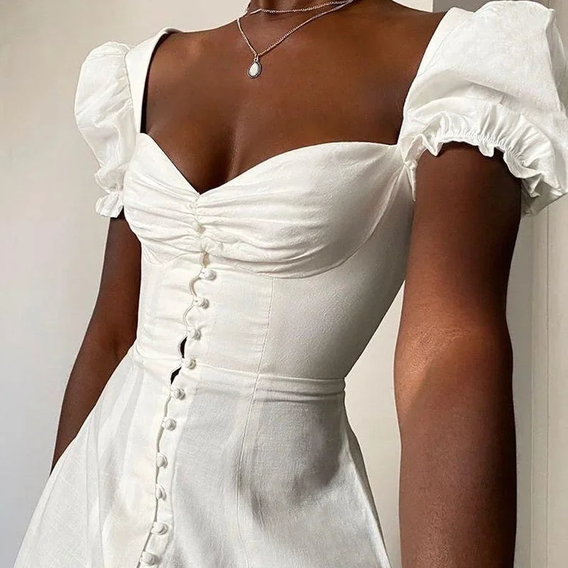 

2023 Short Puff Sleeve Low Cut Midi Dresses Sexy Split Bodycon A Line White Dress Night Club Party Dresses Women Long Vestidos