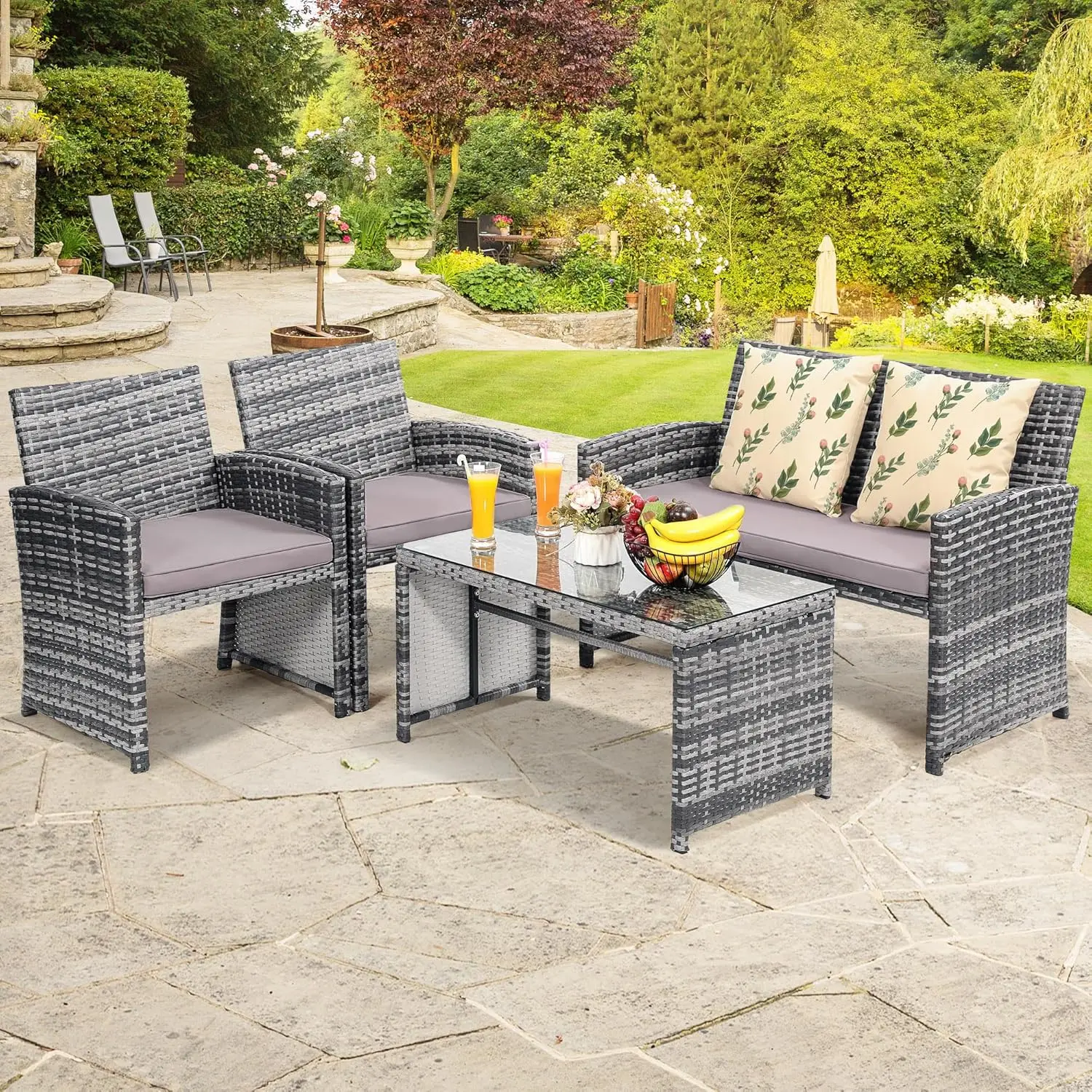 4 Pieces Rattan Patio Furniture Set,Outside Sectional Conversation Cushioned Sofa Set, Wicker Sofa Ideal