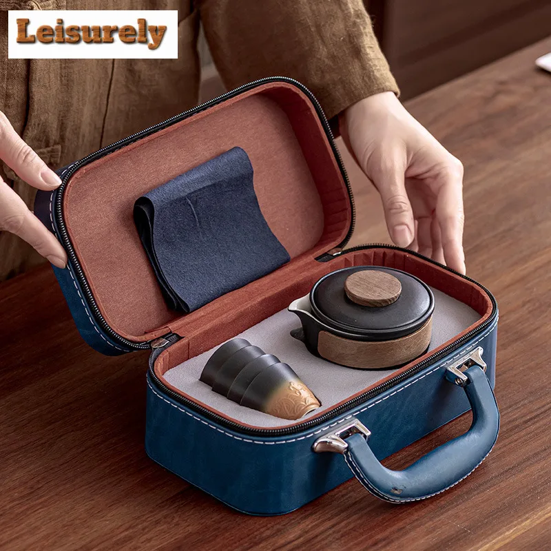 Chinese Wave Hand-held Teapot Tea Set Complete Tea Ceremony Set Teapot And Tea Cup Set Portable Travel Leather Bags Tea Items
