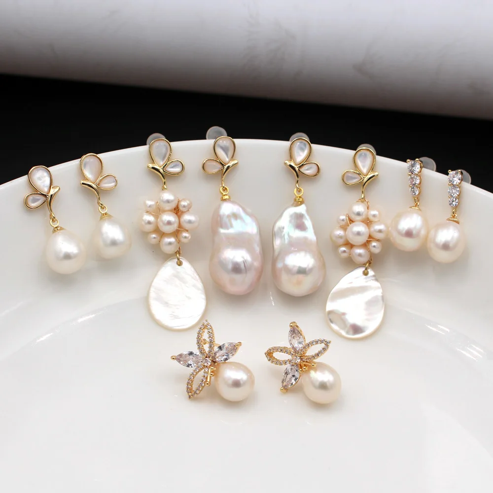 

1pair Quality Natural Freshwater Pearl Baroque Pearls Studs Earrings Post Cubic Zirconia Drops Women Wedding Party Jewelry