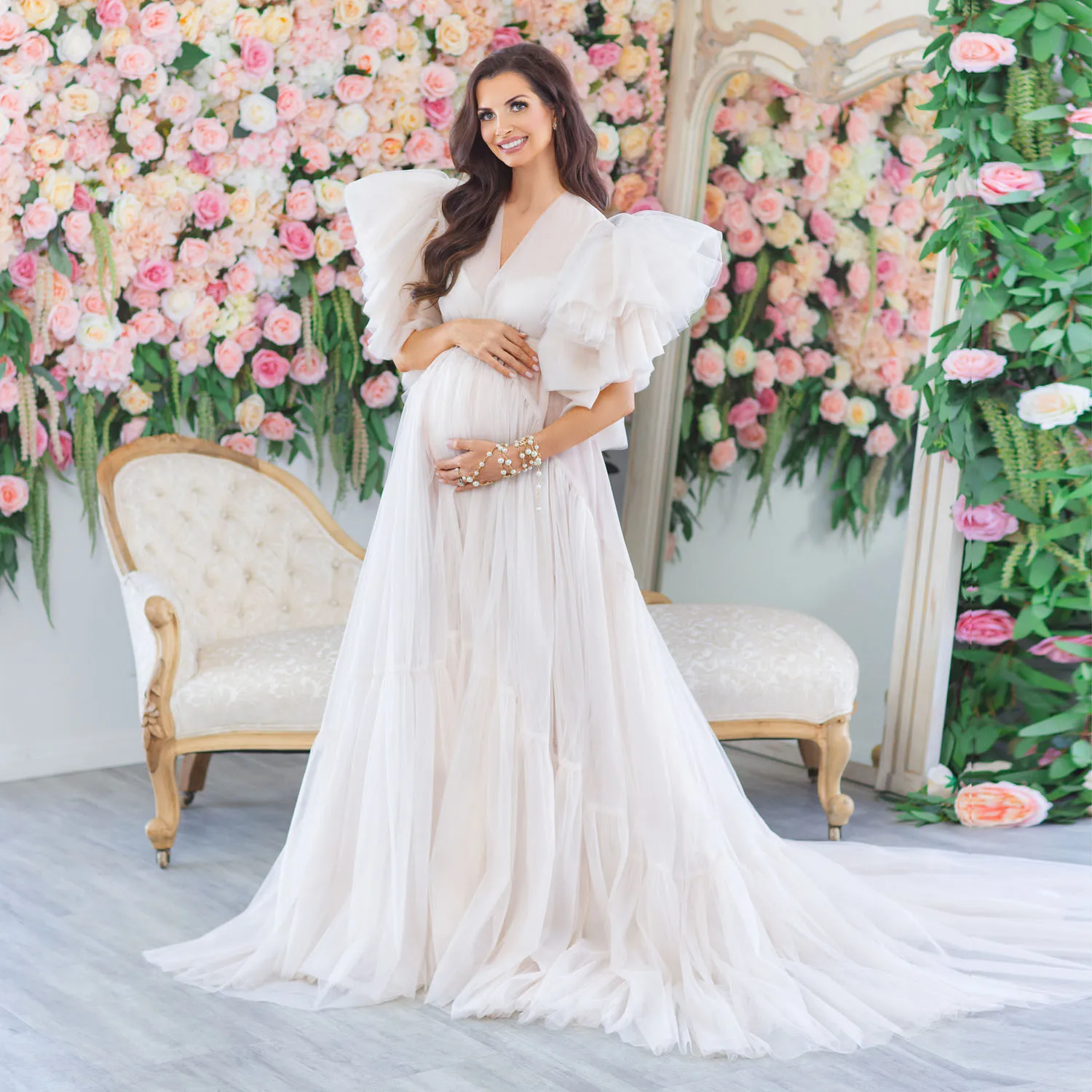Fluffy Tulle Ruffled Maternity Gowns for Photoshoot Women Robes