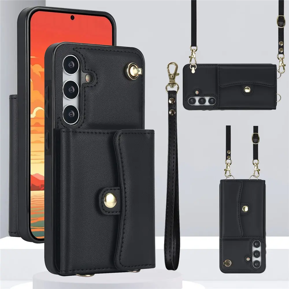 Elegant Leather Crossbody Wallet Case with Lanyard and Card Holder