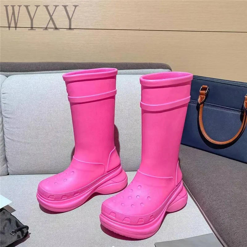 

Spring And Autumn New Women's Rain Boots PVC Long Boots Round Toe Thick Sole Height Increase Shoes Knee High Boots Women 2023