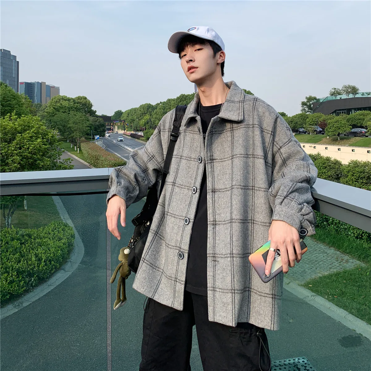 Plaid Woolen Men Coat Trench Spring Autumn Wool Jackets Male Korean Chic England Streetwear Ins Casual Handsome Graceful Coats