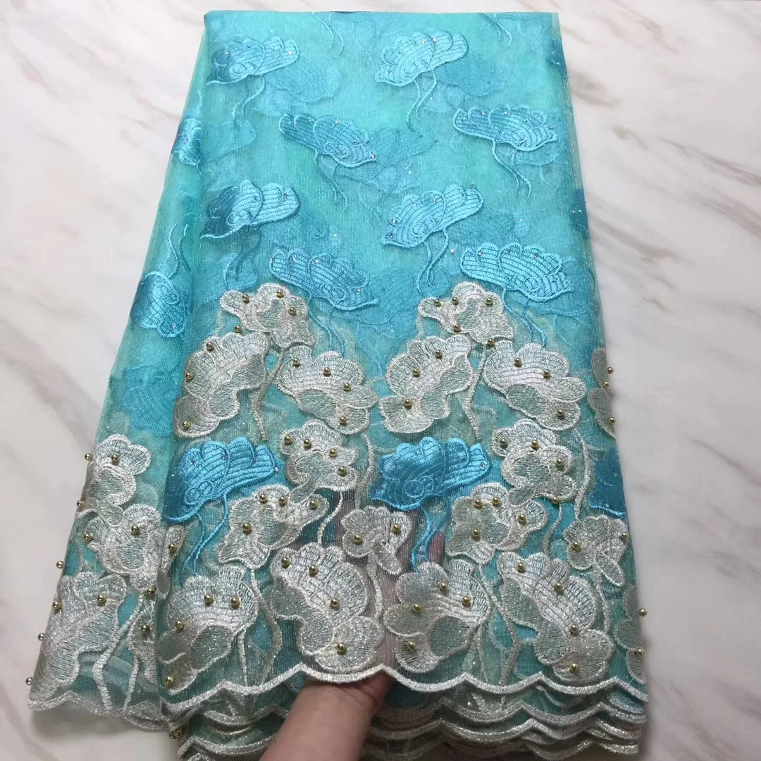 

Sky Blue Latest High Quality African Tulle Lace Fabric 2018 Pink African Lace Sequins 5 Yards Lace Trimmings For Sewing