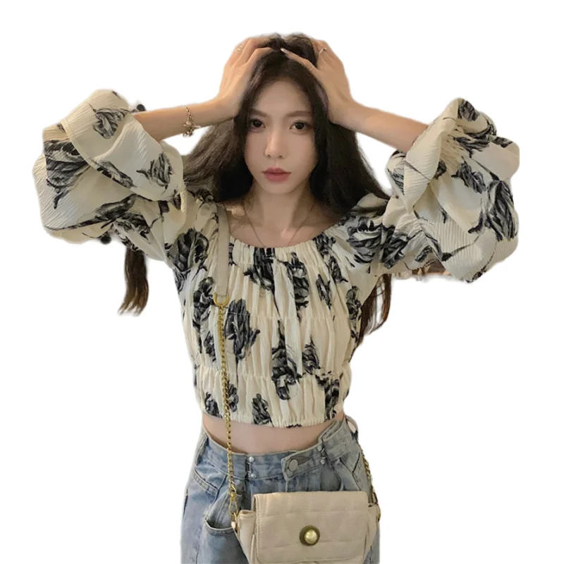 

Korean Fashion Slash Neck Long Sleeve Shirt Women Folds Sexy Cropped Tops 2024 Spring Summer Casual Tops Slim Basic Woman Blouse