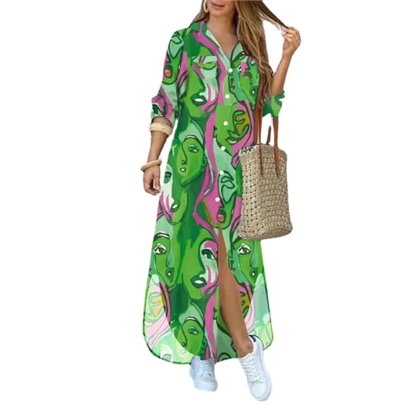

Simple Slit Loose Robe African Fashion Casual Women's Abstract Print Shirt Collar Button Long Sleeved Dress 2023 Spring New 2XL