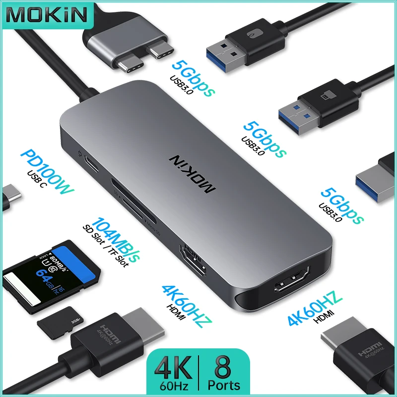 

Док-станция MOKiN 8 в 2 — USB3.0, HDMI 4K60 Гц, зарядное устройство PD 100 Вт для MacBook Air/Pro, iPad, ноутбука Thunderbolt — SD, TF