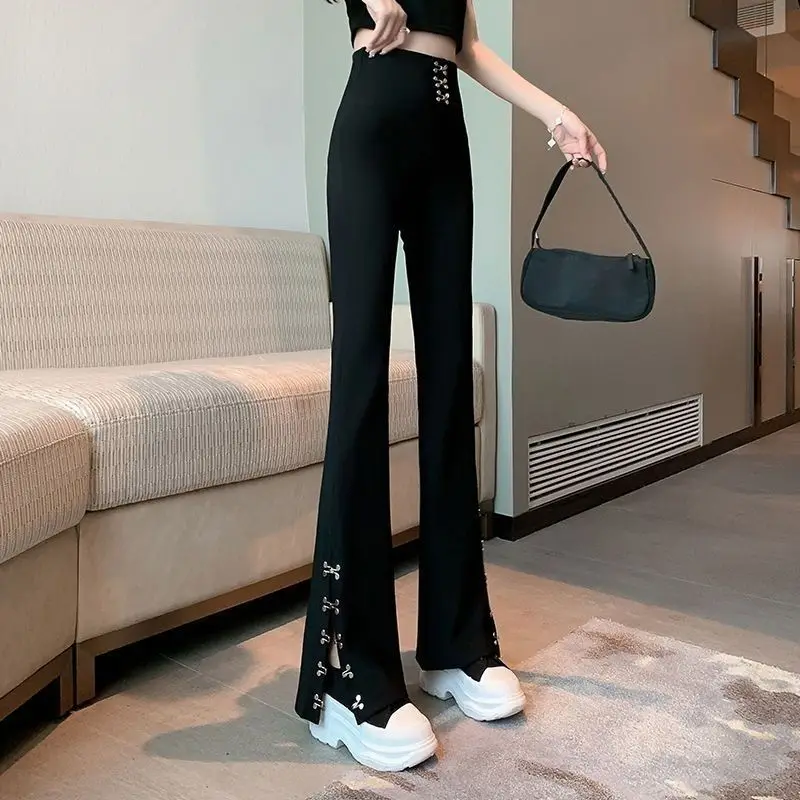 Korean Fashion Versatile Spring Autumn New Flare Pants Women Solid Color High Waist Elastic Casual Slit Wide Leg Trousers 2024