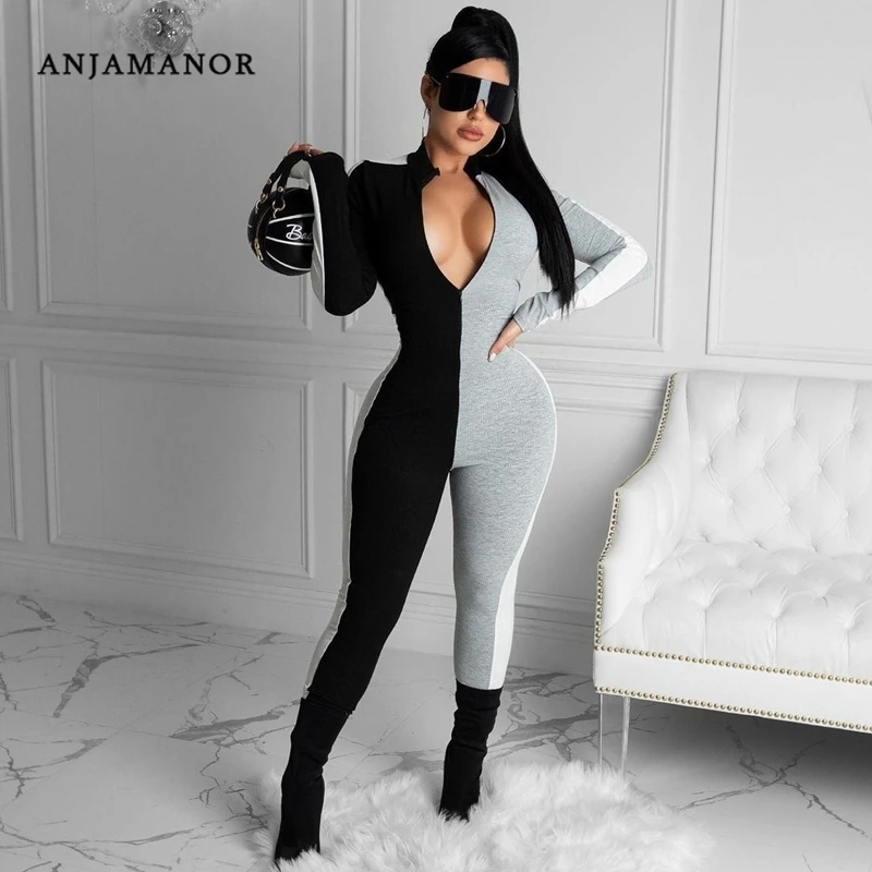 Anjamanor Sexy Front Zip Long Sleeve Jumpsuit Women Sport Knitted Color Block Patchwork One Piece Outfit Tracksuit D46 Dc42 Jumpsuits Aliexpress