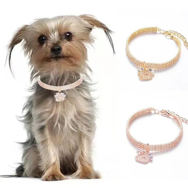 Paw Shaped Rose Gold Dog Collar Lovely Solid Zircon Necklace for York Dogs Golden Kitten Collars Adjustable Pet Cat Accessories