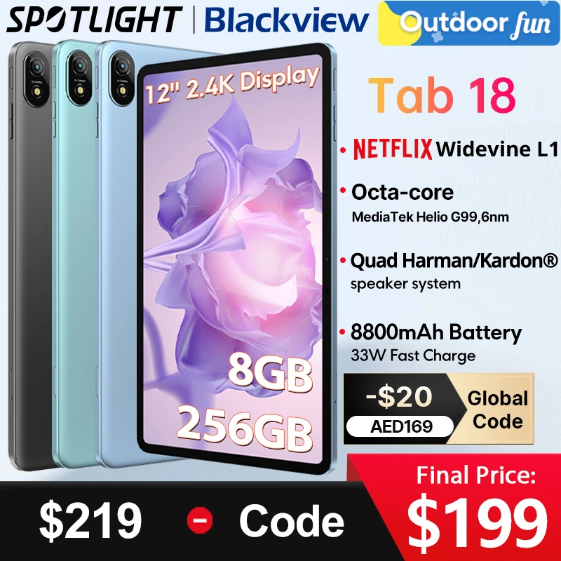 Blackview 탭 18 태블릿, 월드 프리미어, 12 인치, 8GB, 12GB, 256GB, 16MP, 2.4K FHD + 디스플레이, 8800mAh 배터리, Widevine L1, MTK Helio G9