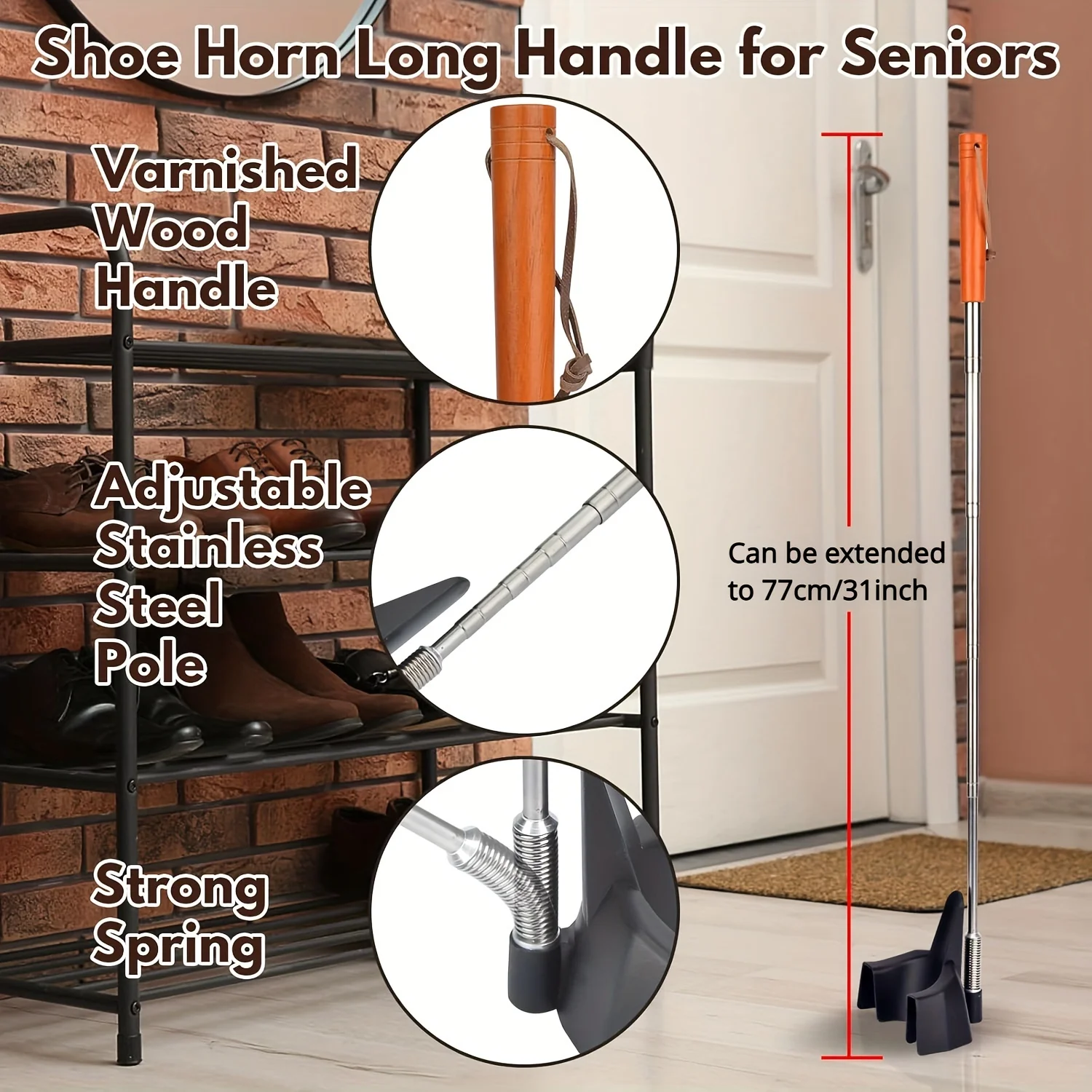 Easy-Reach 31" Stainless Steel Shoe Horn for Seniors - No Bending Required, Ideal for Sneakers & Boots, Shoe Horn