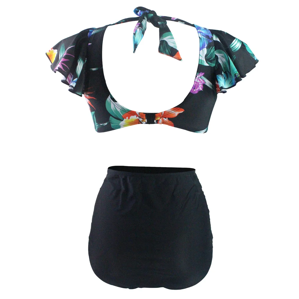 Printed swimsuit sexy bikini high-waisted triangle two-piece swimsuit women's knotted lace-up bikini