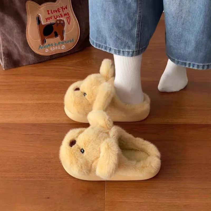 Vollständig umwickelter, entzückender Hunde-Plüsch-Slipper für Damen, woofer-volle weiche Fleece-Hausschuhe für Freizeitkleidung zu Hause, kuschelige, flauschige Slides – Detail 8