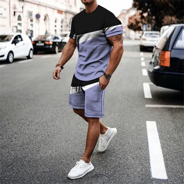 2022 New Summer Men's Suit Casual Beach Shorts Suit Sea View 3D Printing Short Suit Ordinary O-neck T-shirt 2-piece Set Oversize TS1277