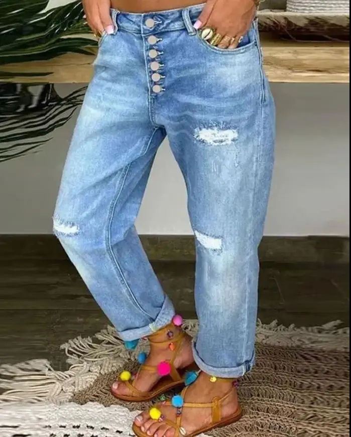 

Women's casual trousers 2024 Spring/Summer Latest Button Fly Ripped Button Pocket Low Waist Straight Daily Versatile Denim Jeans