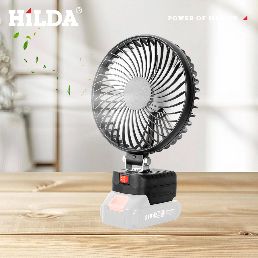 HILDA Black Lithium Electric Fan Fit Makita 21V BatteryFans 90° Degree Adjustment Portable Fan Powerful Wind Large Fan Blade