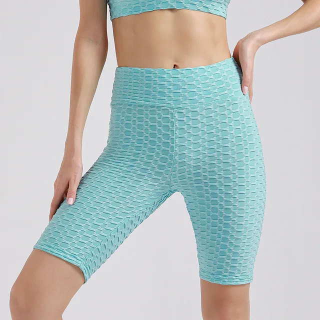 Tight yoga shorts women's high waist hip lift workout shorts bubble jacquard shorts women's pants Lake Blue