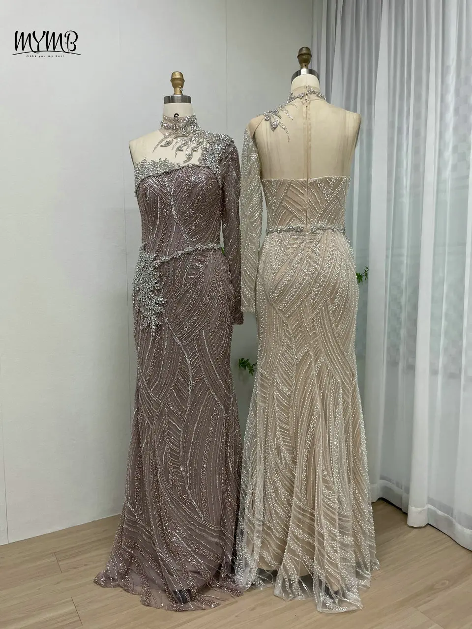 MYMB Exklusive High Neck Mermaid Kristall Perlen Abendkleider für Frauen Hochzeit Party Luxus Eine Schulter Arabisch Formale Kleider – Detail 14