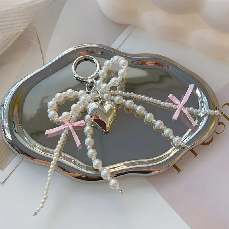 Wayfadacc Creative Heart Lace Bows Keychain With Pearls Decors