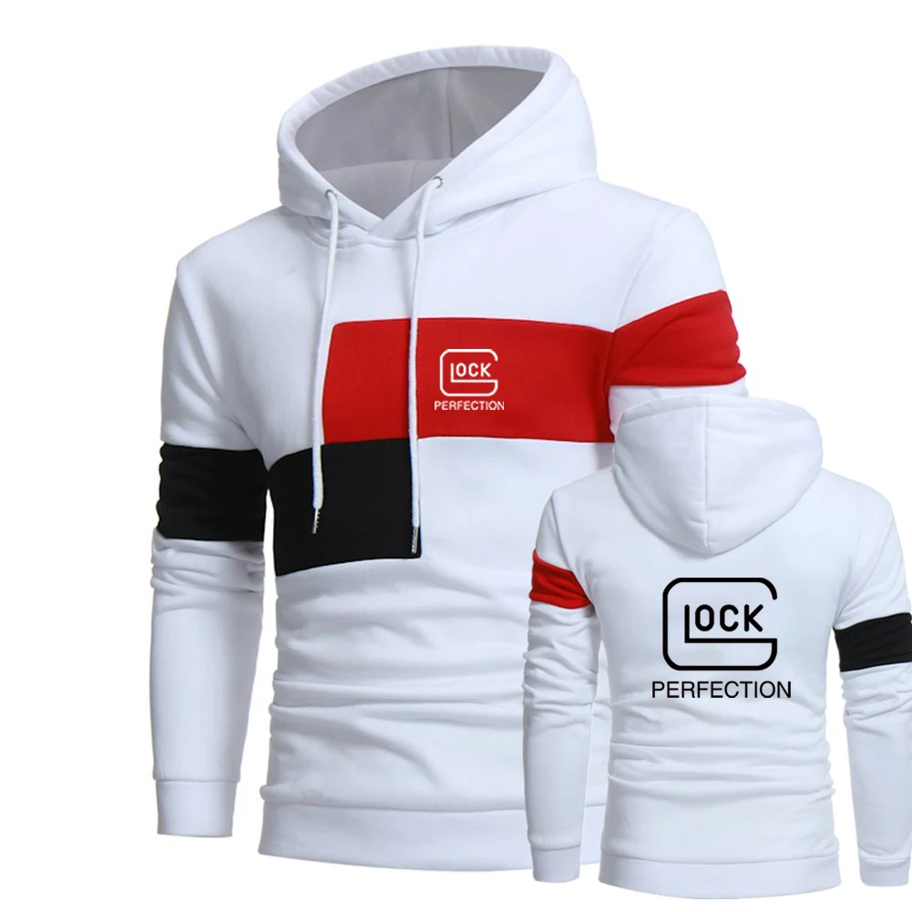 2023 Glock Perfect Shooting Men's New Casual Street Dress Tri-color Mosaic Fashion Long Sleeve Hooded Pullover Top