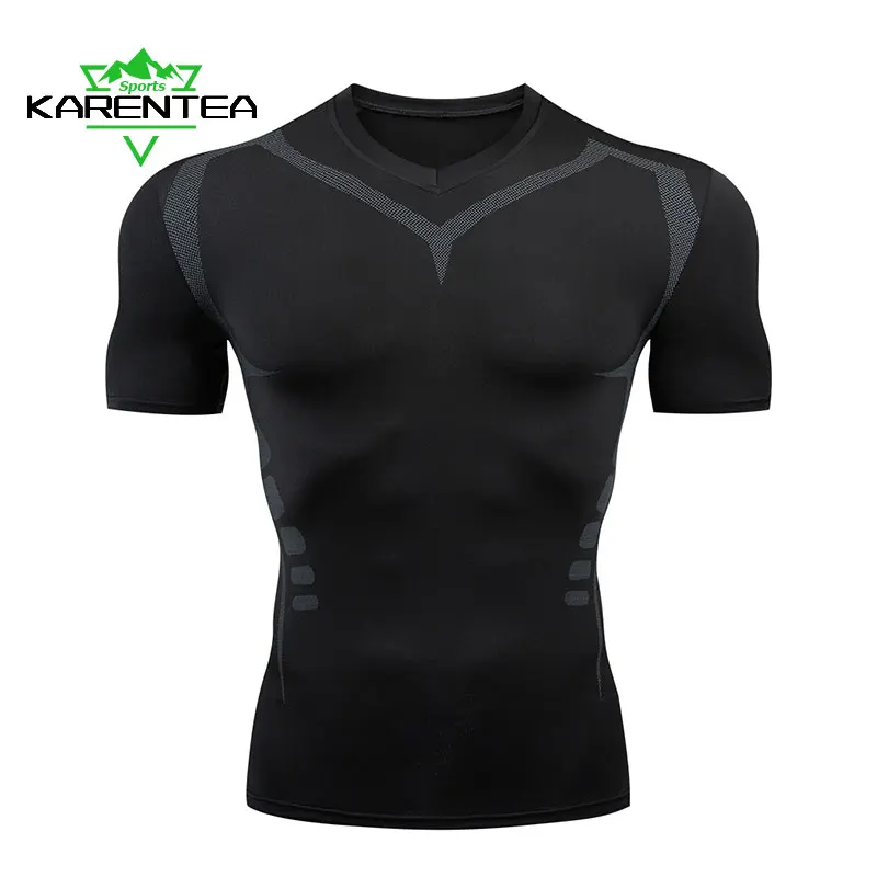 

Karentea Running T-shirt Quick Dry Compression Shirts Men's Fitness Short Sleeve Tight Gym Clothing Breathable Sport Jogging Top