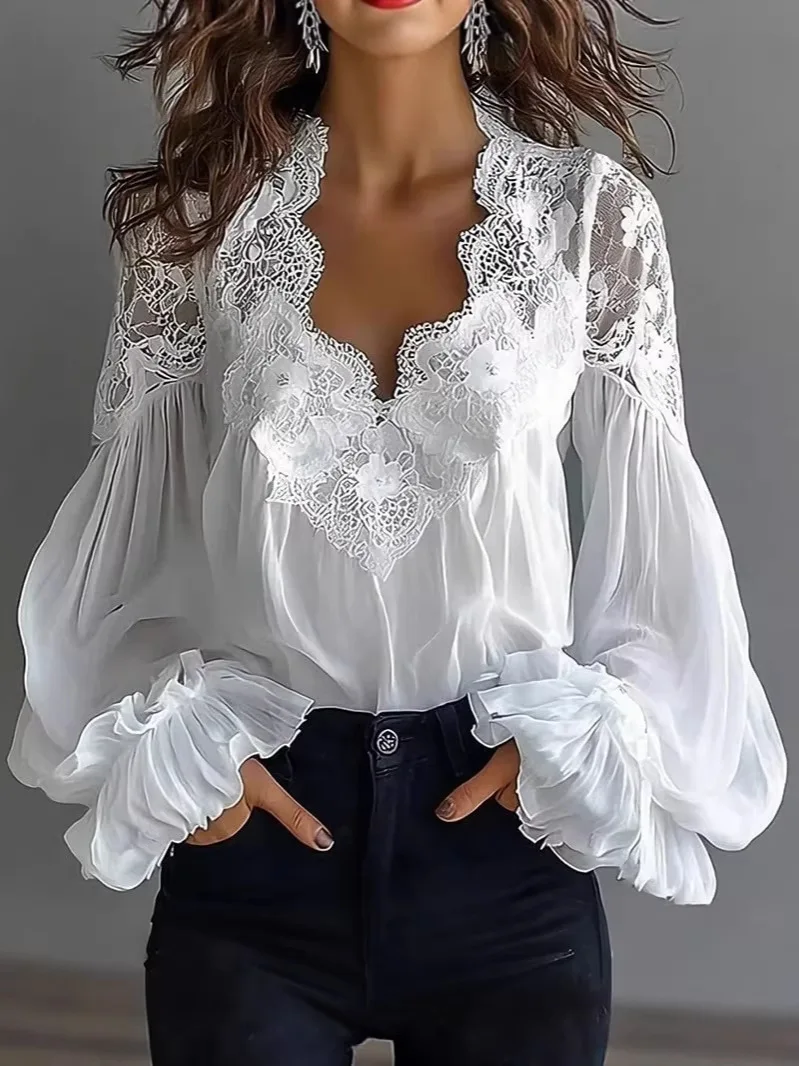 Damen Weiße Spitzenbluse mit V-Ausschnitt, Elegantes Chiffon-Hemd mit Langen Puffärmeln, Lässiges Fließendes Oberteil für Party & Alltag