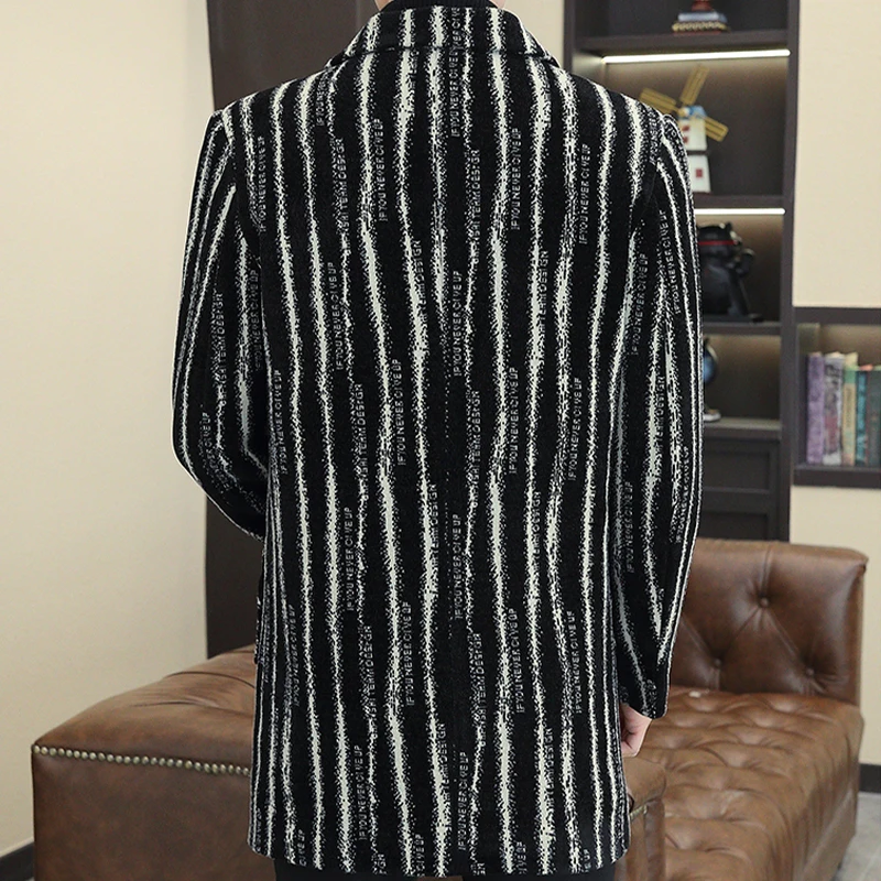 남성용 두꺼운 중간 길이 줄무늬 플러시 모직 코트, 캐쥬얼 스트리트웨어 상의, 플리스 오버코트, 따뜻한 바람막이 재킷, 2024 겨울