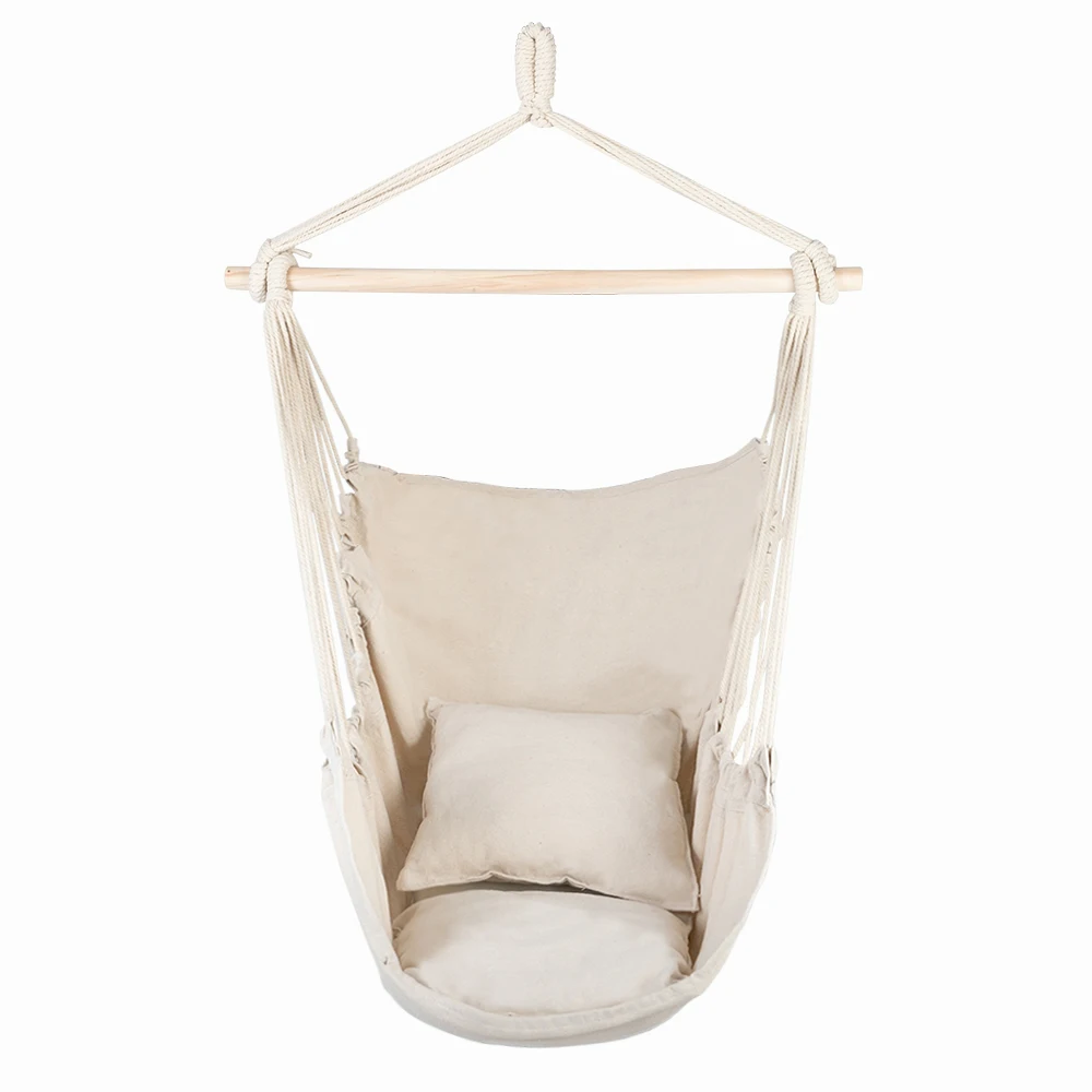 Distinctive Cotton Canvas Hanging Rope Chair with Pillows Beige 3