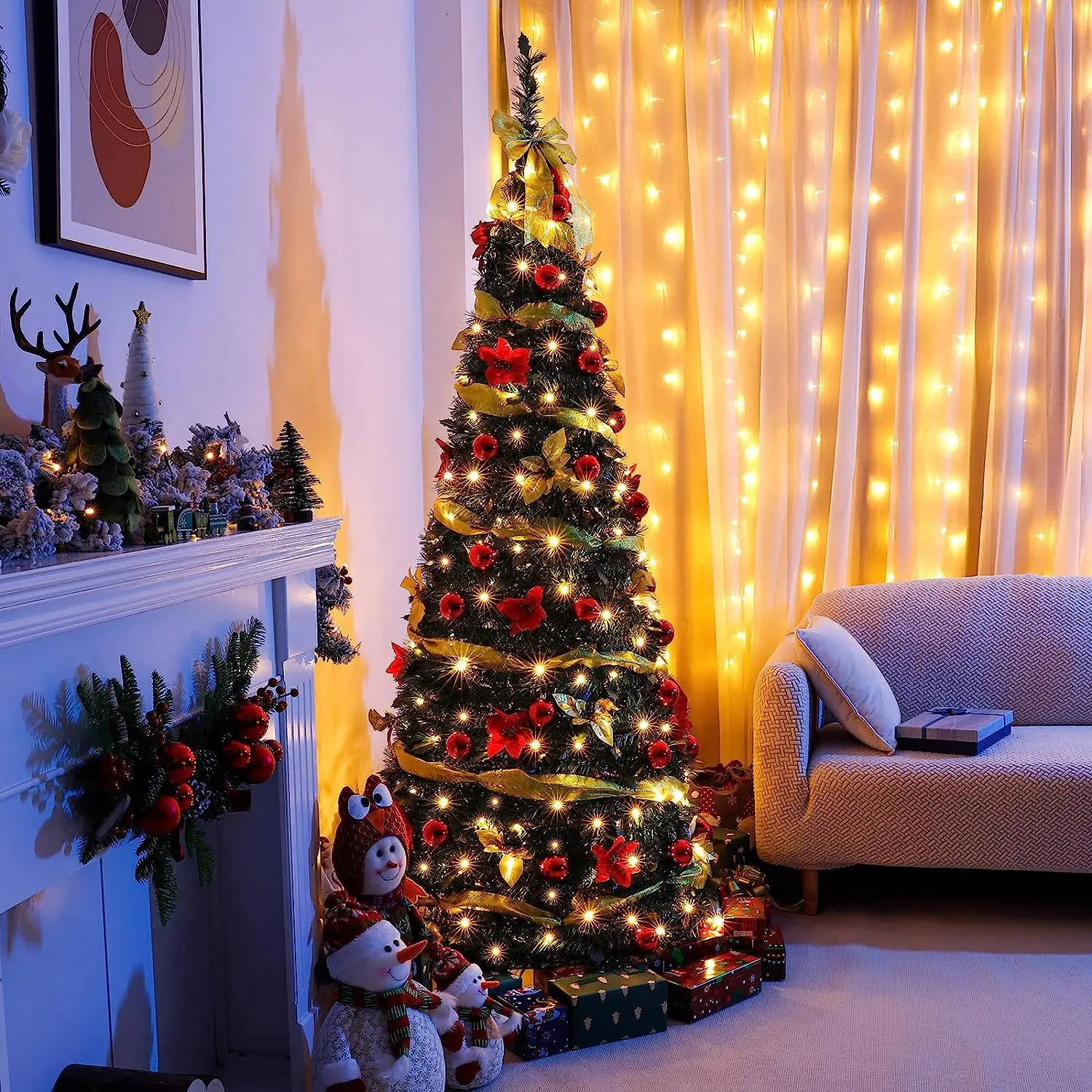 Foldable Pre-Decorated Christmas Tree with LED Lights & Ornaments – Easy Setup Holiday Tree for Home, Office & Shopping Mall Decorations