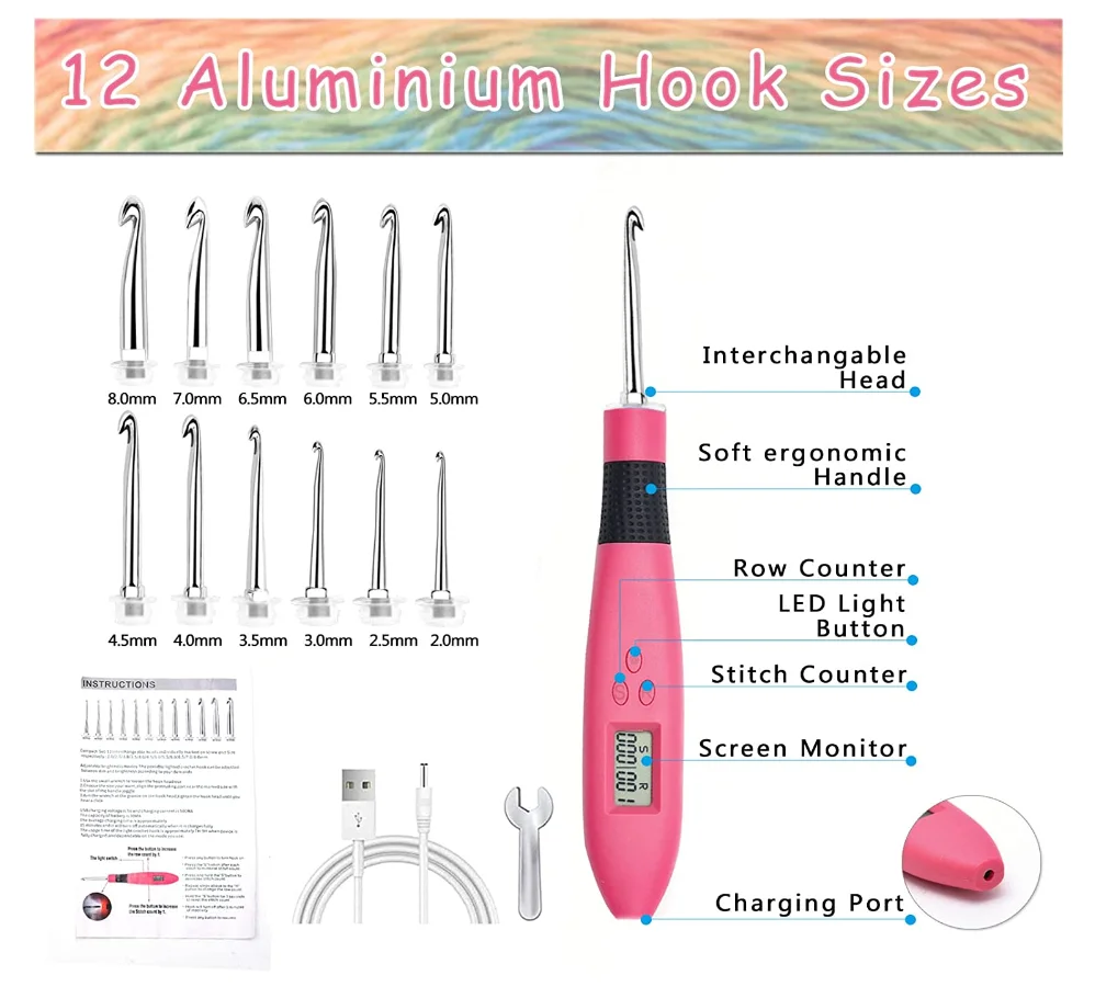 Crochet set with counter lightweight knitting needle kit knitting hook DIY tool with LED light and row number counter 12 piece