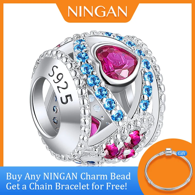 

NINGAN Luxury Charms 925 Sterling Silver Beads for Bracelet Openwork Sparkling Colorful Zircon Ball Charms Diy Fine Jewelry
