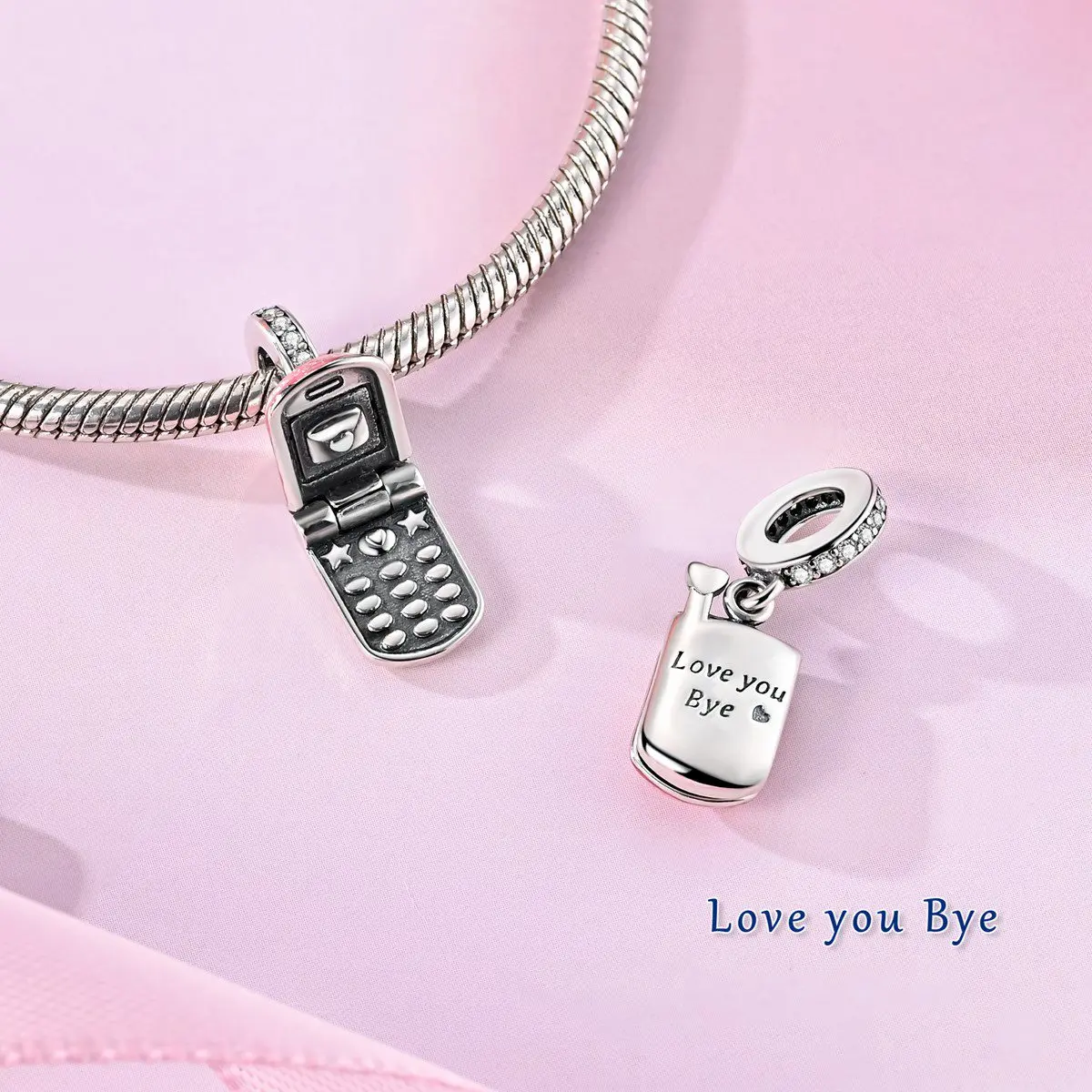 Sterling Silver Pink Glitter Heart Dangle Charm with Enamel and CZ