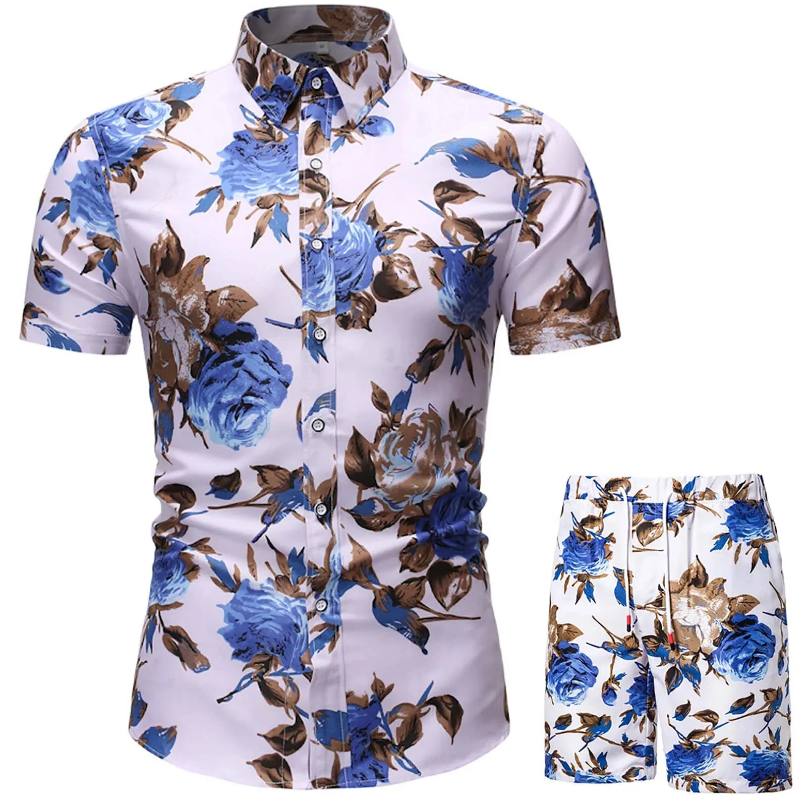 Floral Leaf Printed 2PCS Shirts Suits Men Fashion Shirts+Shorts 3D Two Piece Sets Hawaii Shirts Beach Shirt Sets Boy Beach Sets 2