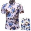 Floral Leaf Printed 2PCS Shirts Suits Men Fashion Shirts+Shorts 3D Two Piece Sets Hawaii Shirts Beach Shirt Sets Boy Beach Sets 2