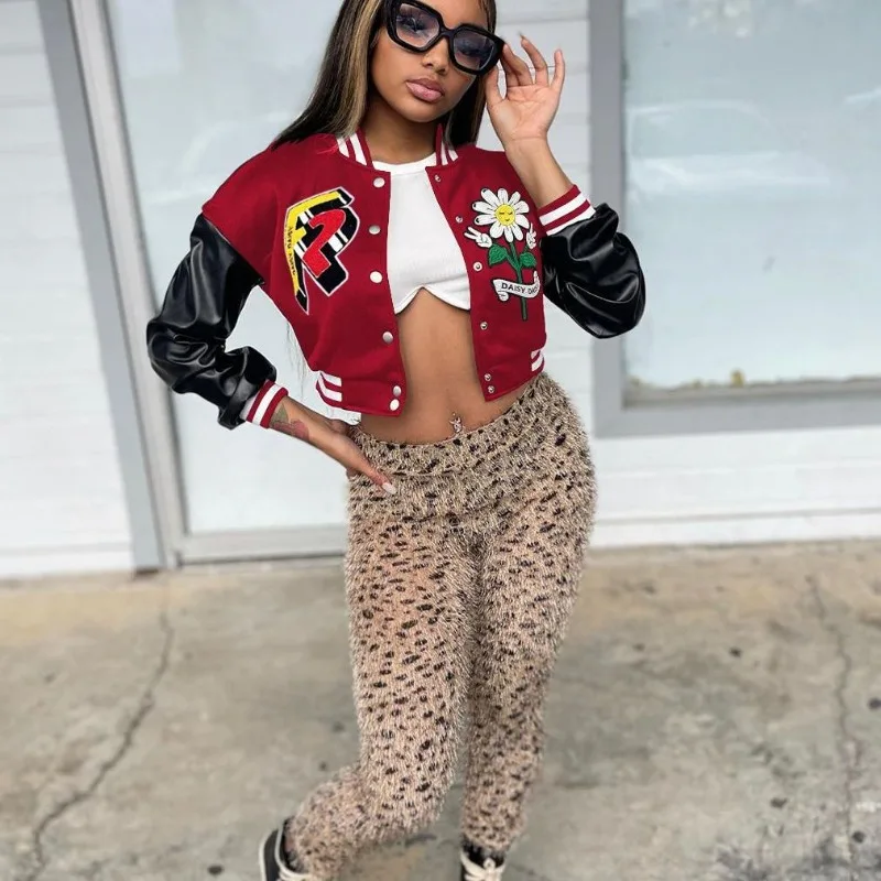 Varsity Crop Jacket Letter Printed Women Button Up Baseball Coat 2023 Autumn Winter fashion High Streetwear Embroidery Outerwear