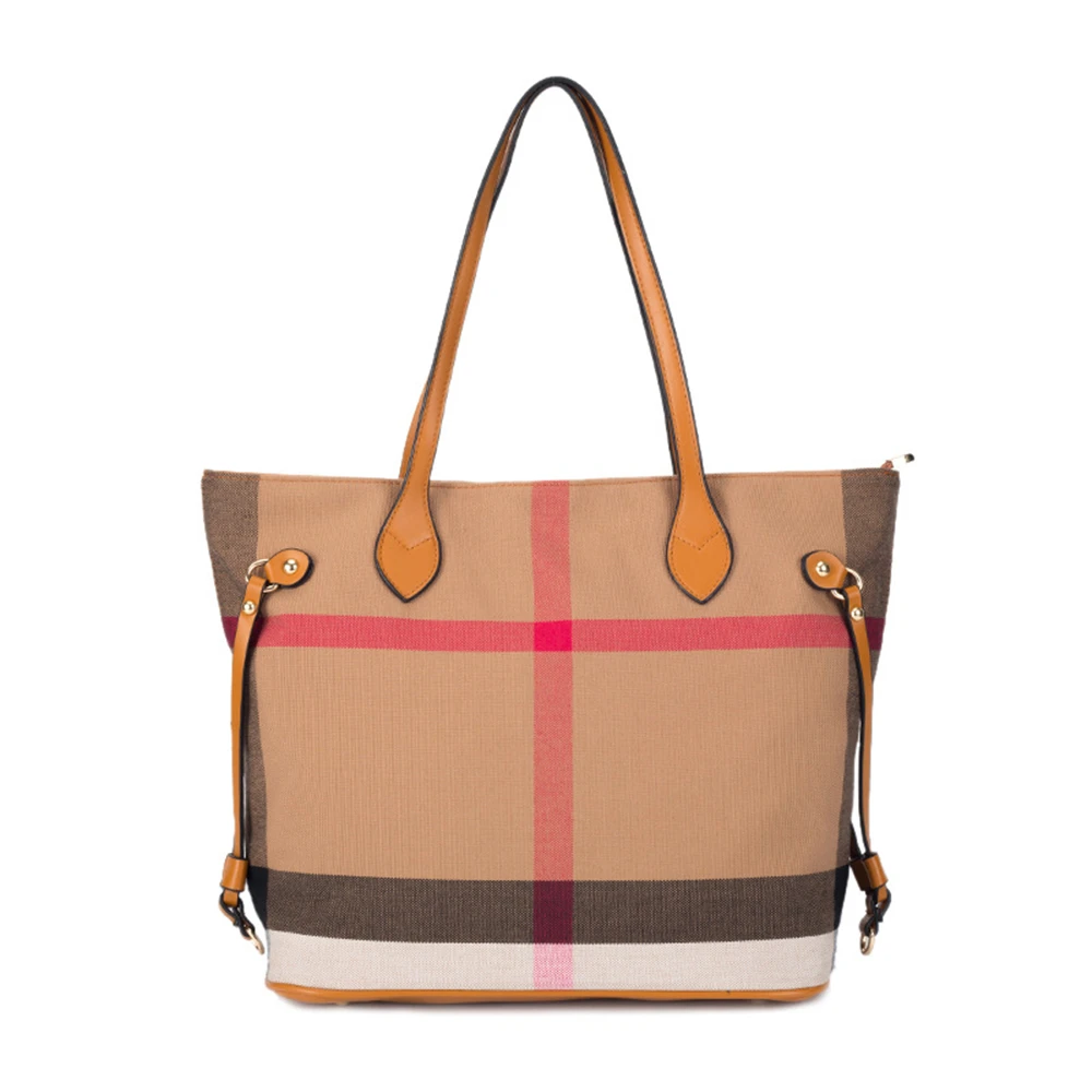 

2023 Luxury Women Tote Bag High Quality Retro Female Shoulder Bag Plaid Stripe Canvas Genuine leather Large Handbag