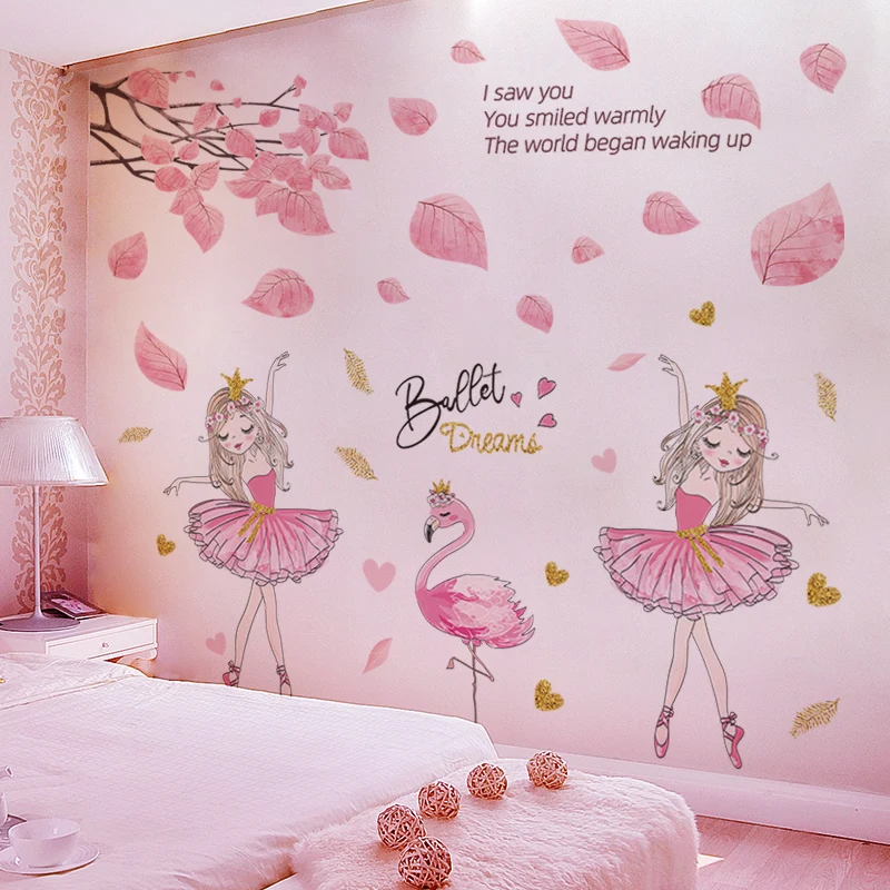 

Pink Tree Leaves Wall Stickers Decor DIY Ballet Girl Flamingo Wall Decals for Kids Bedroom Baby Rooms Nursery Home Decoration