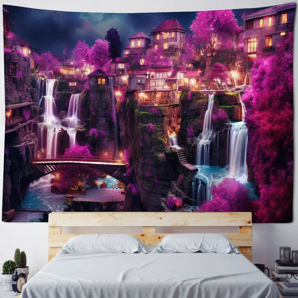 Colorful waterfall tapestry, forest, night sky, natural landscape, black light, home decoration blanket, living room and bedroom