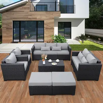 7-Piece Grey Rattan Patio Sectional Set 1