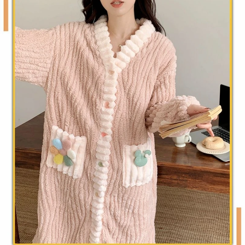 Winter Robe Women Coral Velvet Padded Thickened Nightgown Bathrobe Autumn Winter Long Bathrobe Jacket Facecloth Pajamas New