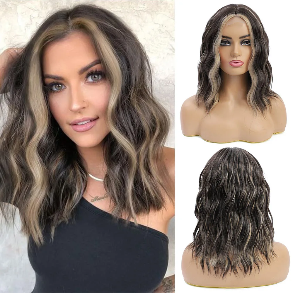 

Fashion Lace front wig Short Wave BOB Brown Highlighted Blond Hair Middle part Women's Hair Wig