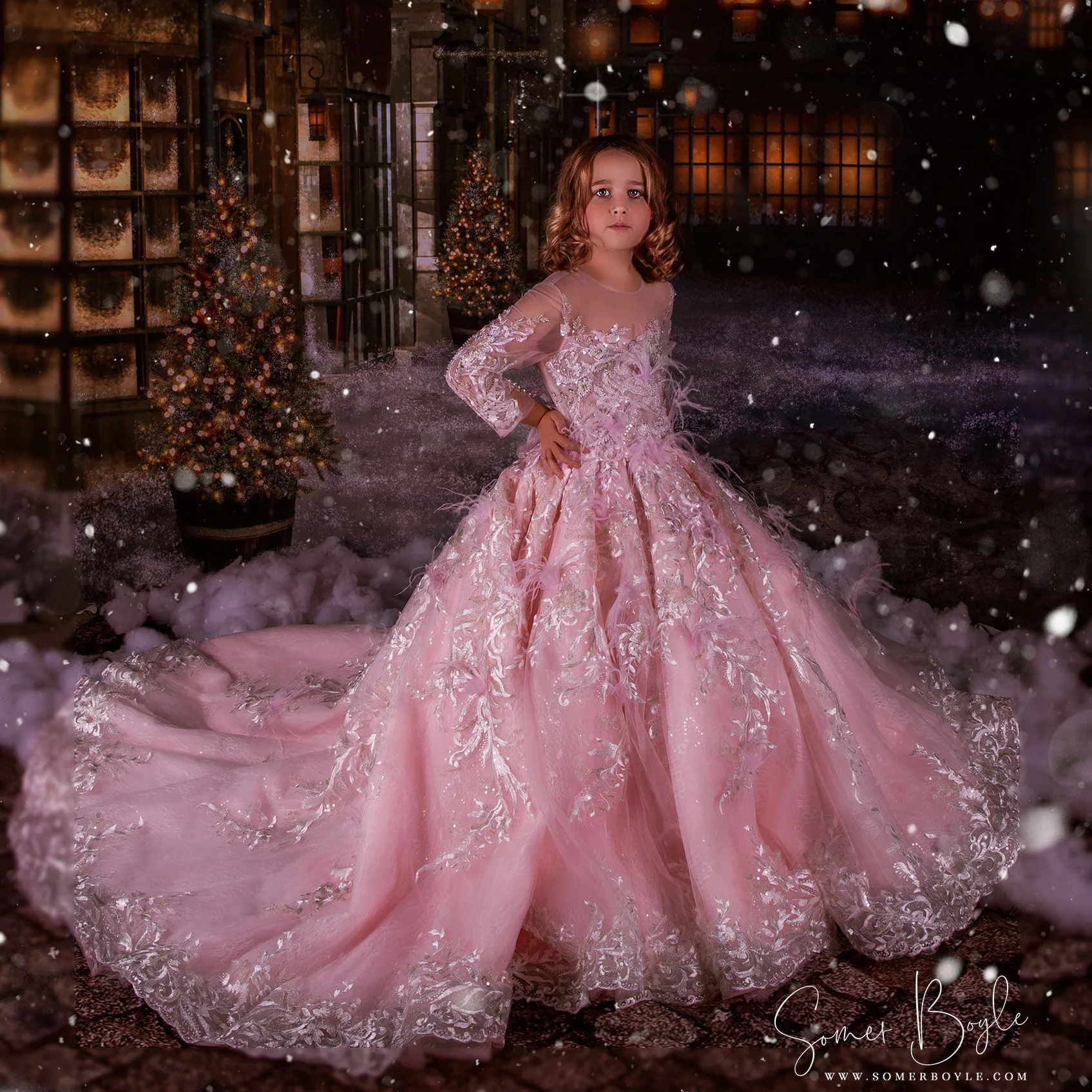 Luxury Pink Tulle Girls Pageant Dresses for Photo Shoot Sequins Beads Kids Birthday Prom Gowns Feathers Children Flower Dresses