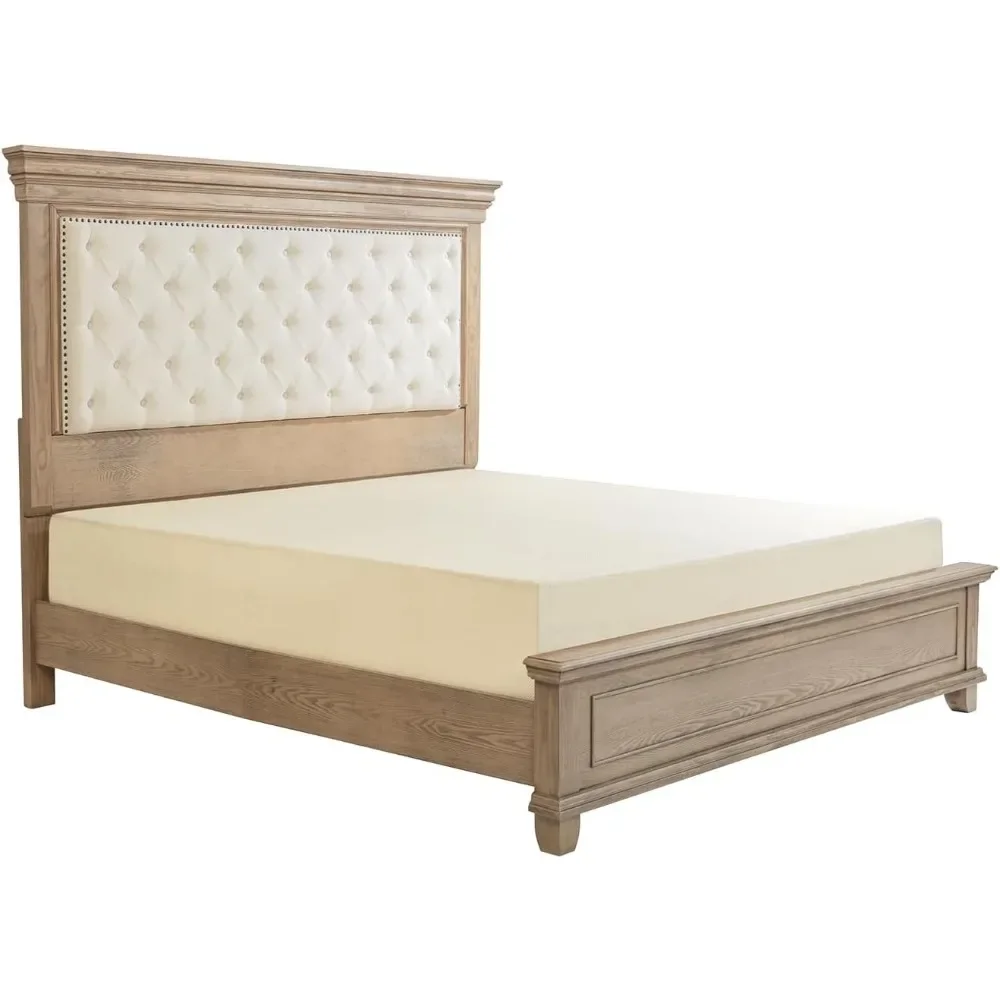 Queen Size Bed Frame with Upholstered Headboard, Solid Wood Mid-Century Platform Bed, Architectural Design, No Box Spring Needed 6