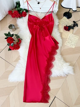 بيجامة مثيرة مرقعة من الدانتيل مريحة وغير رسمية ثوب نوم نسائي طويل ومريح 2